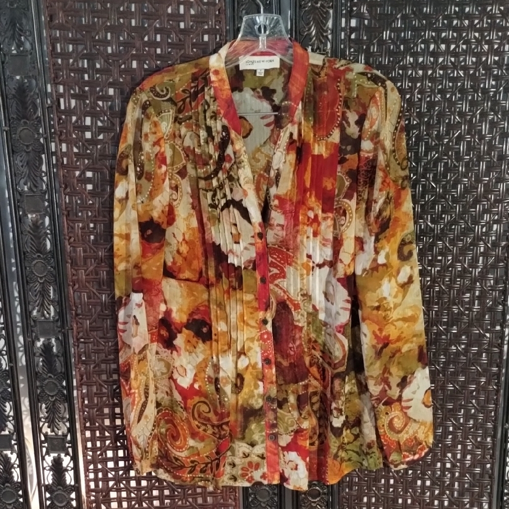 Jones New York Vintage Sheer Blouse Small Abstract Earth Tones Paisley